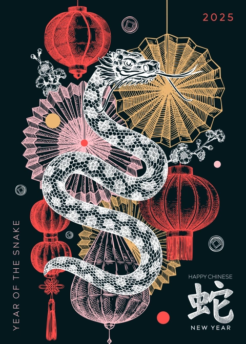Chinese New Year greeting card. Snake chalk drawing. 2025 Lunar New Year party invitation. Hand-drawn vector illustration. NOT AI generated